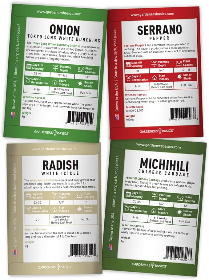 Gardeners Basics, Asian Vegetable Seeds for Planting 8 Packets Bok Choy, Michihili (Napa) Chinese Cabbage, Tatsoi, Onion, White Radish, Serrano, Eggplant for Your Non GMO Heirloom Vegetable Garden