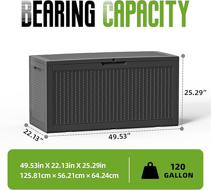 120 Gallon Outdoor Storage Deck Box Waterproof Resin Lockable Outside Bench Porch Patio Furniture Pool Float Garden Tool Cushion UV Resistant Bin Black