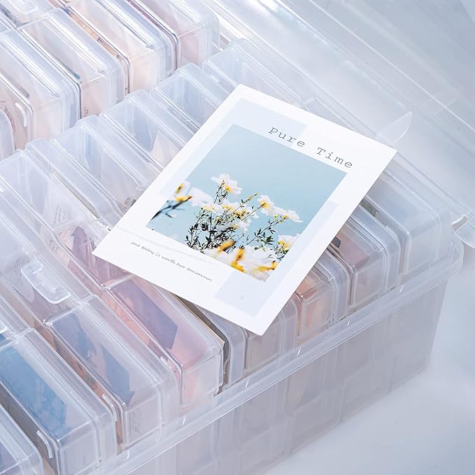 novelinks Transparent 4" x 6" Photo Organizers and Photo Storage Box with Handle, 16 Inner Photo Cases, Portable Picture Organizers & Photo Storage Containers (Clear-Gold Handle)