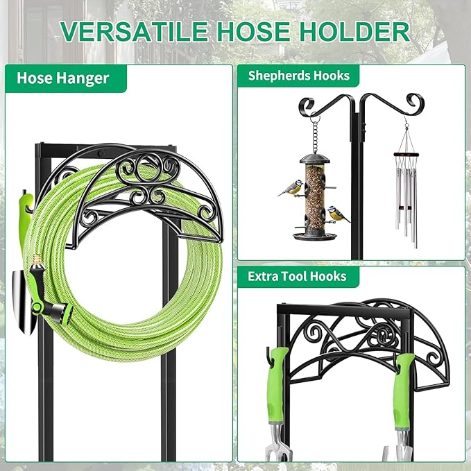 TomCare Garden Hose Holder Upgraded Water Hose Holder Heavy Duty 4 Spikes Hose Hanger Holds 160 Feet Hoses Stable Freestanding Hose Storage Organizer for Outside Yard
