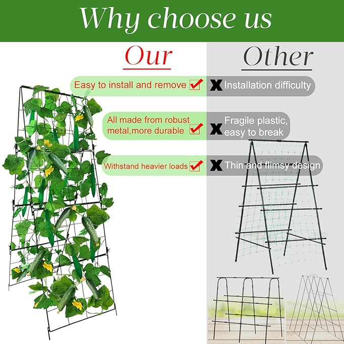 Thickened Cucumber Trellis for Raised Garden Bed,48"x16" Foldable Frame Metal Vegetable Trellis for Climbing Plants Outdoor Plant Support for Grape Tomato Peas, Fruit, Vine,Bean(Green) (2)