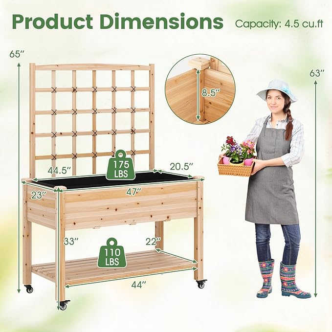 Giantex 65'' Wooden Raised Garden Bed w/Trellis on Wheels Set 2, Mobile Elevated Planter Box w/Legs, Liner & Drainage Holes for Climbing Plant Vegetable Herb Flower, Outdoor Garden Box, Backyard