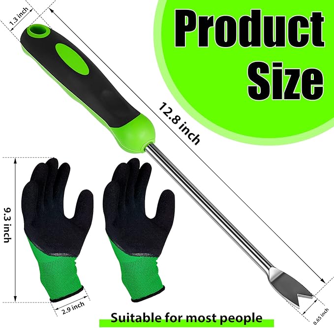 12.8'' Dandelion Weed Puller Tool with Soft Handle Polished Stainless Steel Garden Hand Weeder Remover Tool Two-pronged Fork with Gloves for Garden Lawn Farmland Planting Care in Patio Lawn Yard