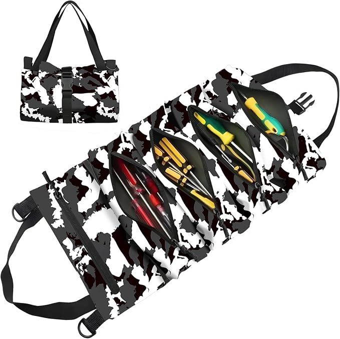 Roll-Up Tool Storage Bag, Nylon Gardening Organizer with 5 Pockets, 11x18 Inch, Portable Hanging Design for Outdoor Maintenance, School, Work (54xhei)