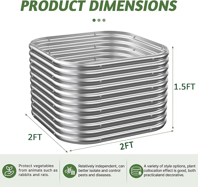 4 Pack Tall 2x2x1.5FT Corrugated Galvanized Steel Raised Garden Bed Outdoor, Metal Above Ground Garden Bed for Vegetables and Flowers, Raised Beds for Gardening