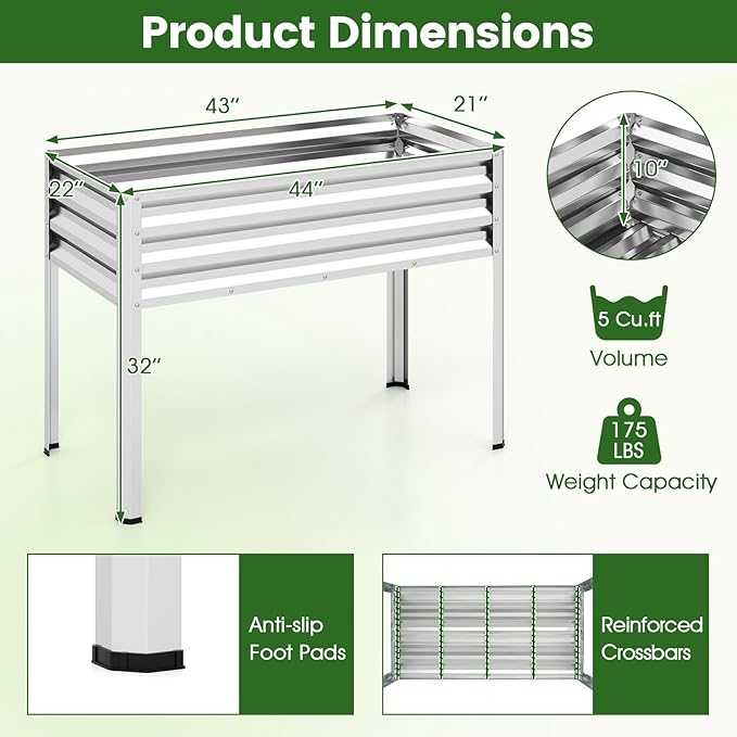 Giantex Raised Garden Bed with Legs, 44" x 22" x 32" Metal Large Elevated Planter Box for Vegetable Flower Fruit Herb, Heavy Duty Outdoor Gardening Planter for Backyard Patio Balcony, Silver