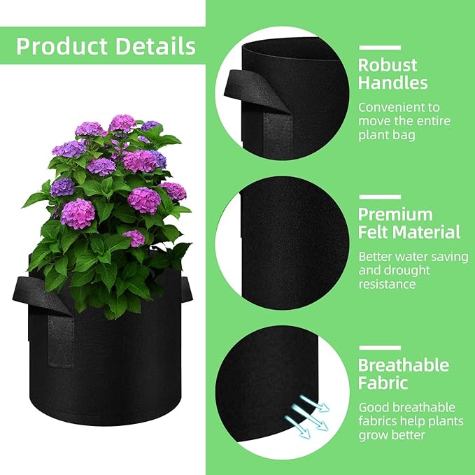 10 Gallon Garden Grow Bags, 30 Pack 10 Gal Planter Bags Fabric Pot Bags, Nonwoven Grow Bags Heavy Duty Aeration Pots with Handles, Garden Fabric Planters for Vegetables Flowers (Black)