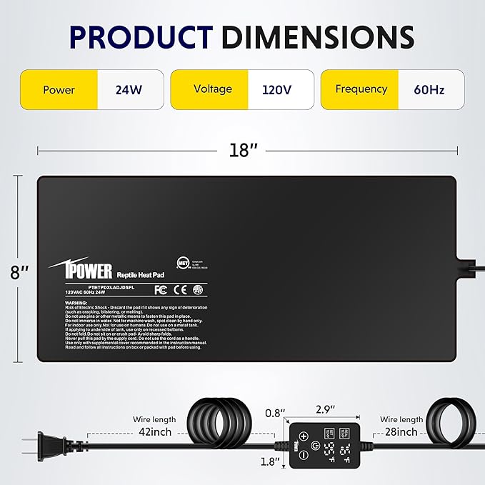 iPower 8 by 18 Inch 24W Reptile Heating Pad with Adjustable Thermostat, Under Tank Warmer Terrarium Heat Mat for Turtles/Snakes/Lizards/Frogs, and Other Reptiles