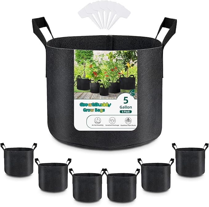 GreatBuddy Grow Bags 5 Gallon 6-Pack, Heavy Duty Fabric Grow Bags with Handles for Vegetables, Herbs, and Tomatoes, Fabric Pots & Planting Bags for Outdoor Home Gardening