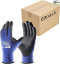 COOLJOB 60 Pairs Safety Work Gloves Pack Bulk with Grip PU Coating, 13 Gauge Seamless Knit Gloves with Polyurethane Dipped for Warehouse Working, Breathable Lightweight for Men Women, Blue Xlarge