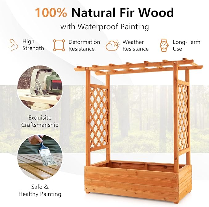 S AFSTAR Raised Garden Bed with Arch Trellis, Wood Planter Box with Hanging Roof, Side Trellis, 4 Drainage Holes, Above Ground Elevated Garden Bed for Outdoor Climbing Plants Vines Patio