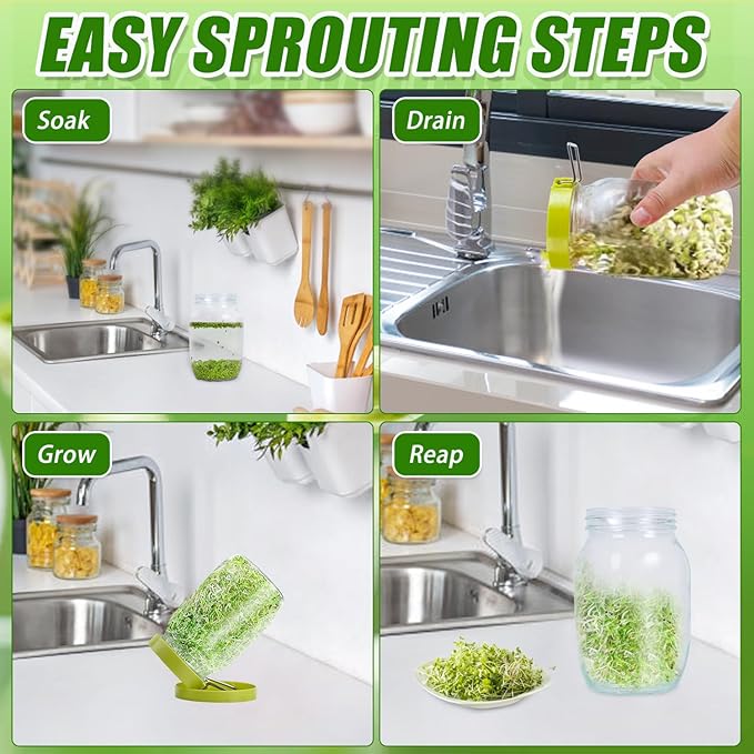 Sprouting Jar Sprouting Kit Sprouts Growing Kit with Mason Jar, Stainless Sprout Lids, Blackout Sleeves, Drain Tray Seed Sprouter Set for Bean, Broccoli, Alfalfa