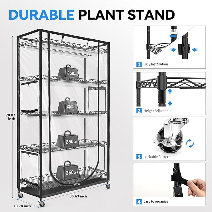 JESLED Indoor Greenhouse with Grow Light, 3FT Full Spectrum 5000K LED Light for Seed Starting, Tiered Lighting Control, Built-in Timer & Thermo-Hygrometer, Rolling Metal Plant Stand (35.4x13.8x70 in)