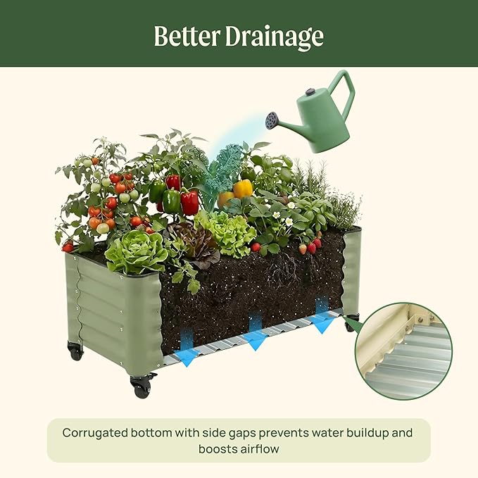 Vego garden Classic Rolling Garden Bed – 1.75' Mobile Metal Raised Garden Bed for Patio, Deck, Balcony – Deep Planting Space, Durable & Easy to Move (Pearl White, 1.75'X4')