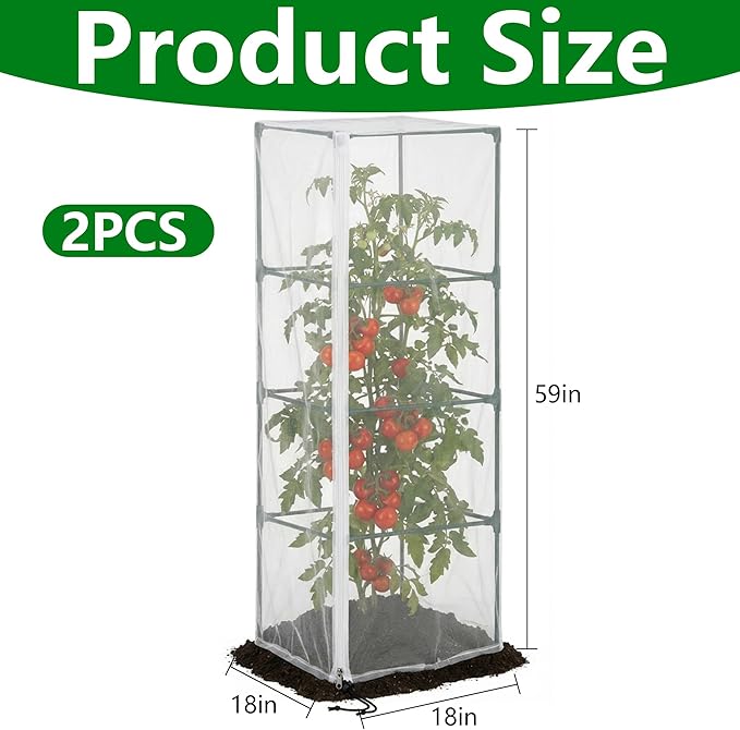 2 Pcs Garden Bird Netting for Square Plant Cage, 59" x 18" x 18" Tomato Cage Garden Net Cover with Zipper, Tomato Trellis Insect Bird Barrier Protection Mesh for Vertical Climbing Plants Vegetables