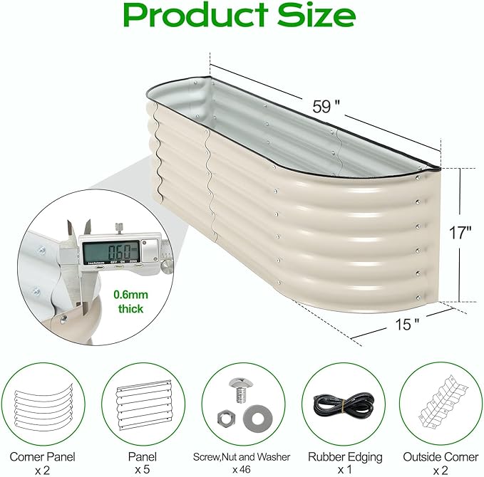 Aoodor 60"" L x 15"" W x 17"" H Galvanized Raised Garden Bed, Durable Half Moon Outdoor Planter Box for Vegetables, Flowers, and Herbs, Beige