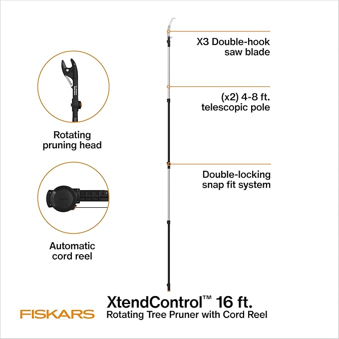 Fiskars XtendControl 16' Tree Pruner Kit with Rotating Pruner Head, 15" X3 Double-Hooked Saw, Two 4-8 Ft Extension Poles, Cuts Branches up to 1.25", Pivots 45 Degrees, Lightweight Aluminum