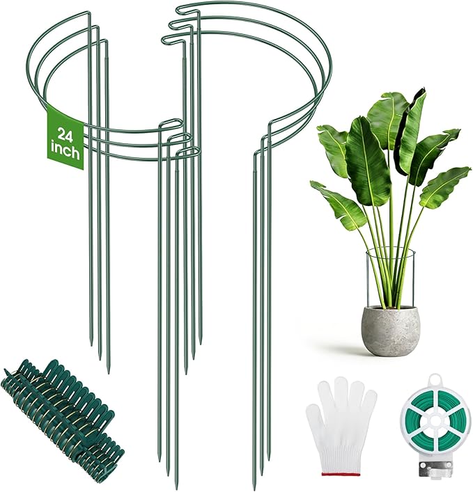 6 Pack Tall Peony Cages and Supports, 10" W x 24" H Heavy Duty Plant Peony Support Cages, Half Round Peonies Ring Metal Plant Stakes for Outdoor Plants, Garden Vegetables & Flowers