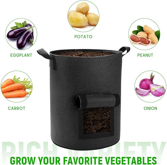 5 Pack 10 Gallon Potato Grow Bags with Flap and Handles, Heavy Duty Fabric Pots for Planting Potato, Carrots,Taro