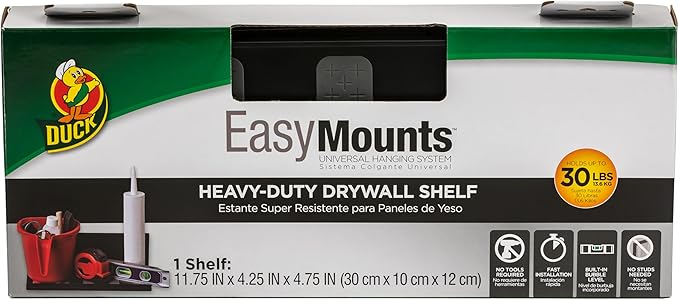 Duck EasyMounts Heavy-Duty Drywall Shelf, Multipurpose Shelf for Garage Organization, Workbenches, Tool Sheds, Pantries, 11.75" x 4.25", Black, 1 Pack
