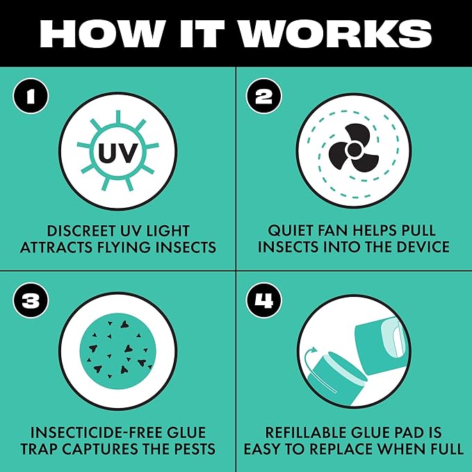 STEM Flying Insect Fan Trap for Indoor Bug Control, Attracts Mosquitoes, Fruit Flies, and House Flies, Plug-in Fan with UV Light, Starter Kit Includes 1 Device and 5 Glue Traps