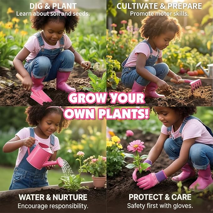 Kids Gardening Tools Set, Toddler Play Kit Child Outdoor Toy with Gloves, Watering Can, Metal Shovel, Rake, Spade & Storage Bag, Backyard Sand Digging Holiday Birthday Gift for Boy Girl 3 4 5 (Pink)