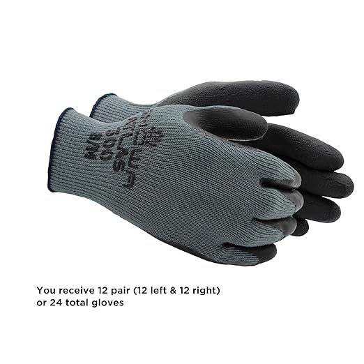 SHOWA Atlas 300B Original 1994 Crinkle Grip Work Gloves, Natural Latex Palm, Heavy Duty 10-Gauge for Construction, Landscaping, Gardening, & Masonry, Black, Large, 12-Pair