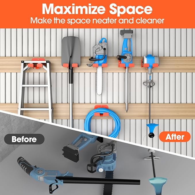 4-Pack Garage Organizer Trimmer Rack, Weed Eater Hanger, Matel Wall Hooks Weed Wacker Holder, Heavy Duty Wall Hangers for Grass Trimmer, Hedge Trimmer, Garden Tools Storage, Orange