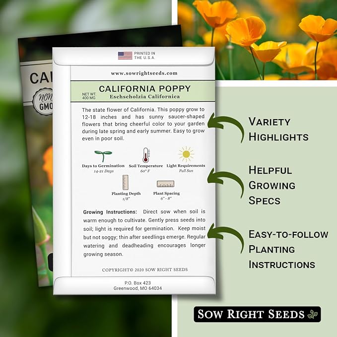 Sow Right Seeds - California Poppy Seeds for Planting - Non-GMO Heirloom Seed Packet with Instructions to Grow a Beautiful Flower Garden - Papery Orange Blooms for Outdoors - Self Sowing Perennial (3)