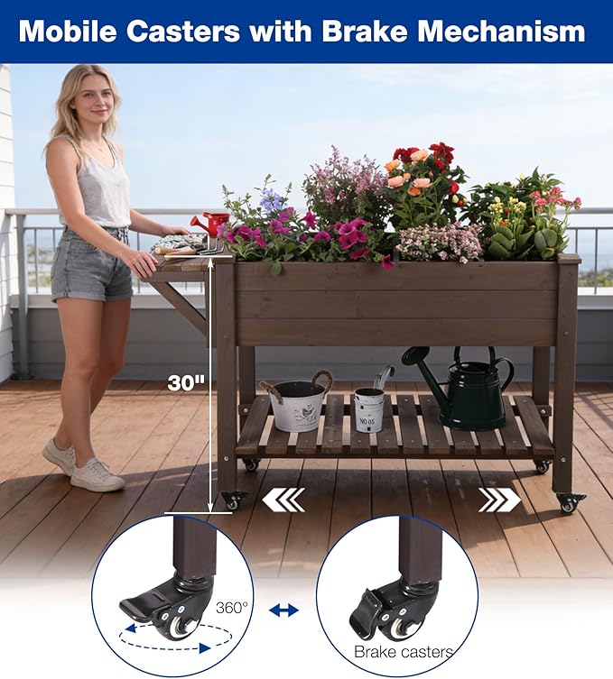 Raised Garden Bed Outdoor with Wheels, 52.7" Elevated Wooden Garden Bed with 8 Planter Boxes, Removable Dividers, Storage Shelf, Standing Mobile Planter with Non-Woven Liner