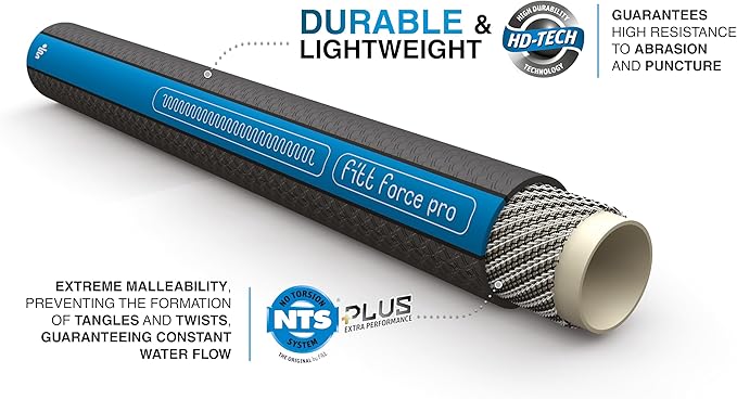 FITT Force Pro Water Hose, Lightweight Ultra Flexible Durable Kink-Free Heavy-Duty Commercial Grade Flat Garden Hose, Grey and Blue, 25-Feet x 5/8-Inch