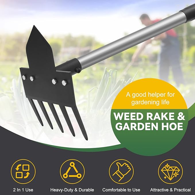 2-in-1 Hoe Garden Tools, 17-58" Weed Puller Tool with Long Handle, Heavy Duty Handle Garden Hoe and Weed Rake, Hoes for Gardening Yards Lawns Gardens Weeding