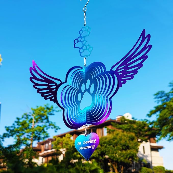 Pet Memorial Wind Spinners, Cat Memorial Gifts,Stainless Steel Angel Wings Pet Paw Print,Dogs and Cats Remembrance, Pet Sympathy,Pet Loss Bereavement Gifts