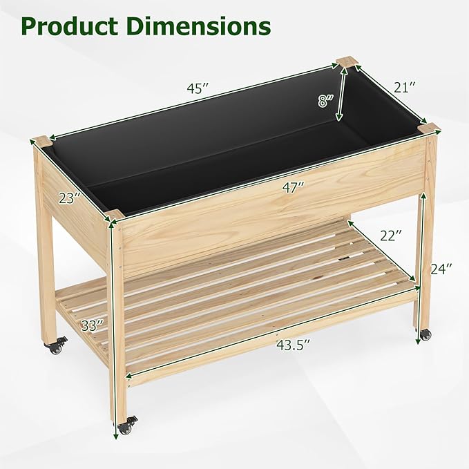 Raised Garden Bed with Legs, Wood Raised Planter w/Lockable Wheels, Drainage Holes & Storage Shelf, Planter Box for Flowers Herbs, Outdoor Balcony Backyard, Natural, 47" L x 23" W x 33" H
