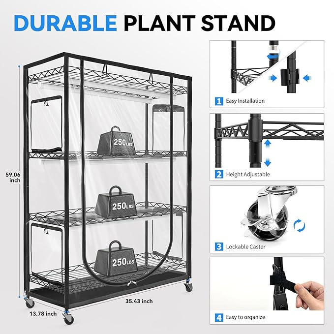 JESLED Indoor Greenhouse with Grow Light, 3FT Full Spectrum 5000K LED Light for Seed Starting, Tiered Lighting Control, Built-in Timer & Thermo-Hygrometer, Rolling Metal Plant Stand (35.4x13.8x59IN)
