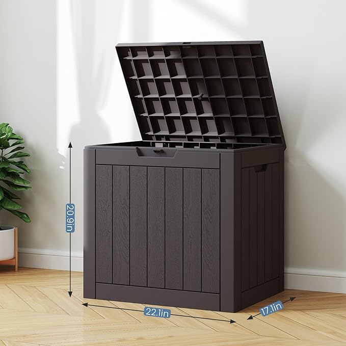 DUMOS 31 Gallon Deck Box, Lockable Outside Storage Box for Outdoor Use, Outside Waterproof Resin Package Delivery Box for Backyard Patio Garden, Modern Brown