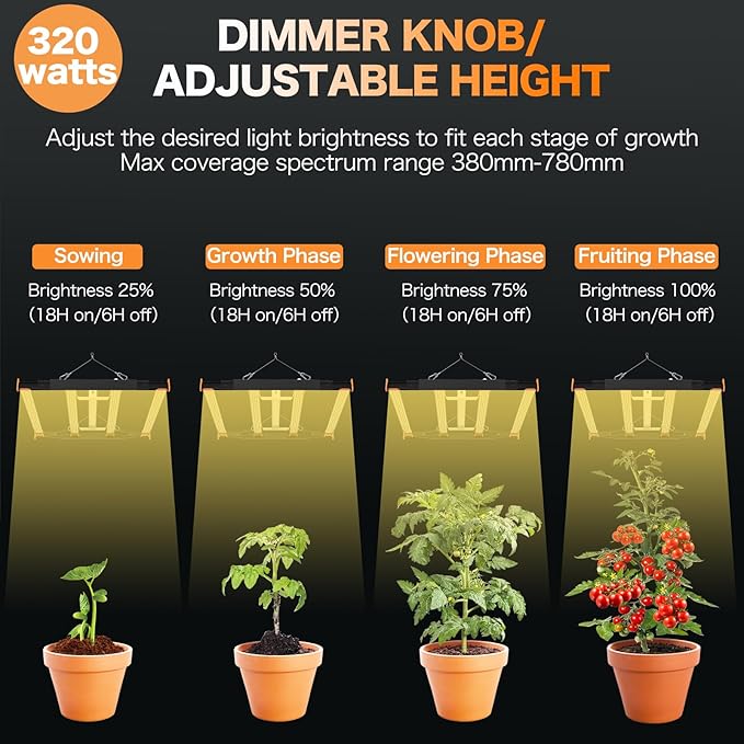 320W LED Grow Light, 3x3ft Coverage Full Spectrum Daisy Chain Growing Light, Dimmable & Retractable Bar Style Grow Lamp for Indoor Plants Greenhouse Vegetable Flower