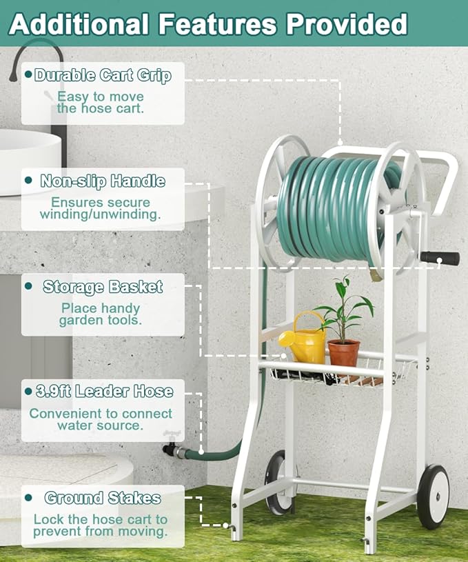 Garden Hoses Reel Cart with Wheels, Outdoor Heavy Duty Powder Coated Steel Water Winder Storage Holds 125 ft 5/8" Hose with 3.9ft Leader Hose and Basket for Backyard, Yard, Lawn, White