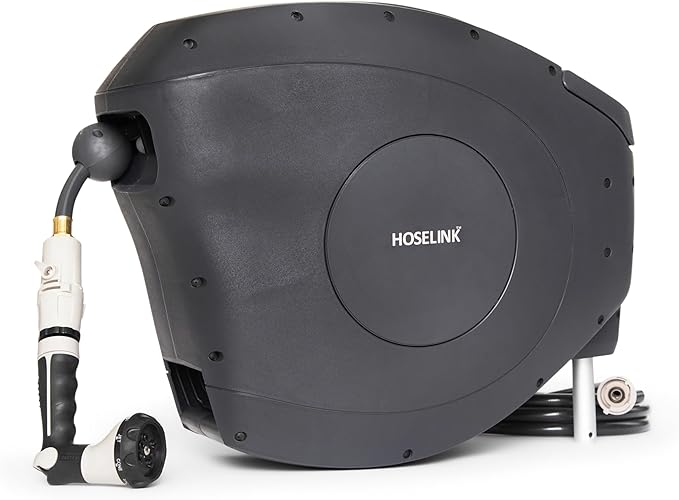 HOSELINK Classic Charcoal 82ft Hi-Flow Automatic Retractable Hi-Flow Garden Hose Reel, 9/16”, UV-Stabilized Kink-Free Hose, Wall Mounted Complete Watering Solution for Backyard, Garden & Outdoor