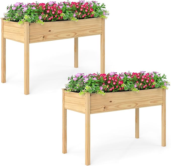 Giantex Raised Garden Beds Set of 2, Elevated Wood Planter Box with Liner, 47"x23"x30" Freestanding Raised Bed for Indoor Outdoor Plants, Vegetables Flower Herbs Fruit Gardening