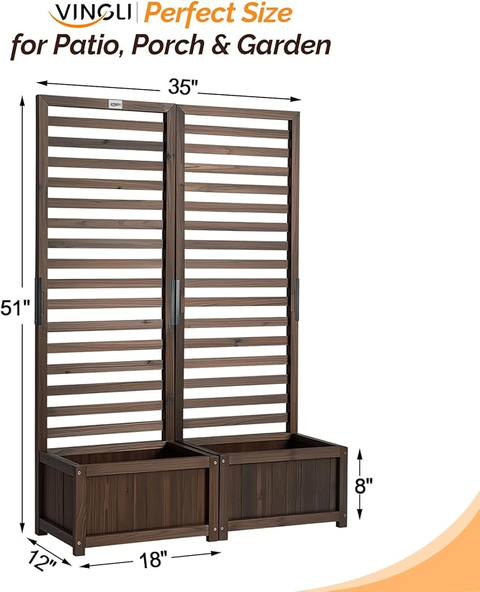 VINGLI Wooden Planter with Trellis, 51" Height Elevated Garden Beds Outdoor, FreeStanding Planter Box with Drainage Holes for Flower, Vegetable, Fruit, Herb in Garden, Patio, Balcony - 2PCS