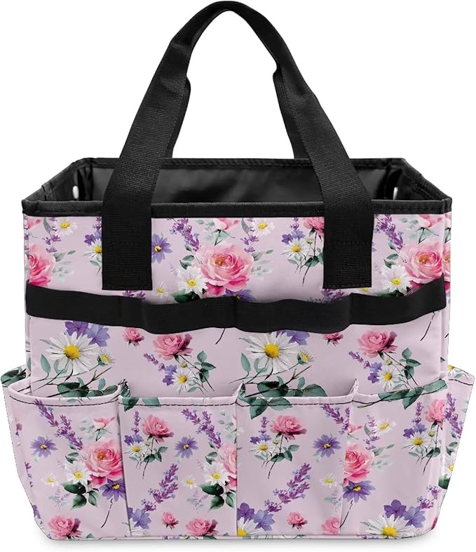 Rose Daisy Garden Tool Bag Portable Gardening Tool Organizer Bag with 10 Pockets and Handle Tool Carrier and Storage for Garden Lawn Yard Casual Camp