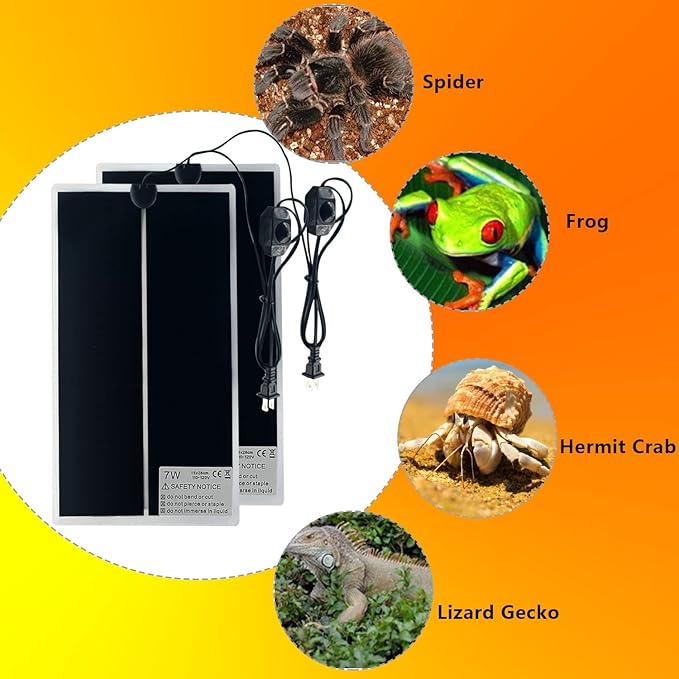 Reptile Heating Mat, 2PCS Reptile Heating Pad with Temperature Adjustment for Reptiles Tortoise Snakes Lizard Gecko Hermit Crab Amphibians - Removable Terrarium Heat Mats(7W, 6x11 inches)