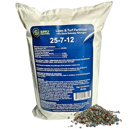 Supply Solutions 25-7-12 Lawn and Turf Fertilizer - 15% Slow Release Nitrogen Lawn Fertilizer for All Grass Types, Shrubs - Turf Builder Plant Food Covers 12,500 sq.ft (50lbs)