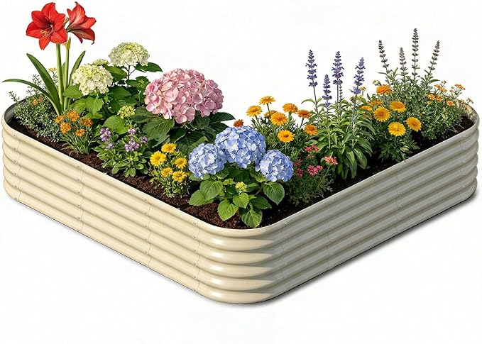 L-Shaped Metal Raised Garden Bed 7x7x1.5 ft, 18" Tall Galvanized Steel Corner Raised Garden Bed for Vegetables & Flowers, Modular Outdoor Raised Planter Box for Backyard Patio – Sand Beige