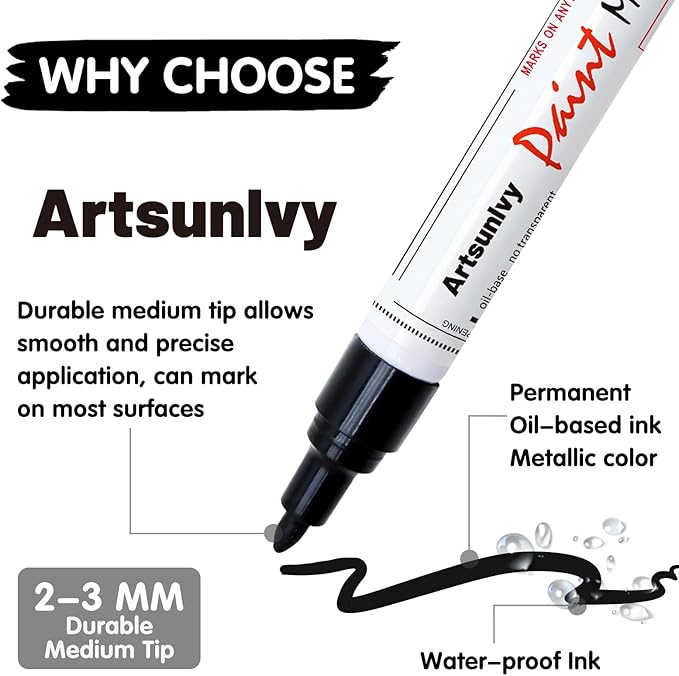Black Paint Pens Permanent Markers - 2 Pack Oil Based Quick Dry Waterproof Markers for Plastic, Tire, Rubber,Wood, Rocks, Metal, Canvas, Dark Surface,Craft Art Supplies,Medium Point