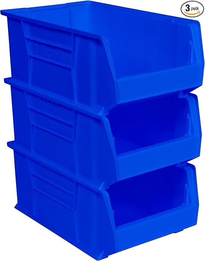Akro-Mils 30281 Super-Size AkroBins Plastic Storage Bins, Space-Saving Stackable Bins for Garage, Classroom, Warehouse Organization, 20" L x 12" W x 8" H, Blue, 3-Pack