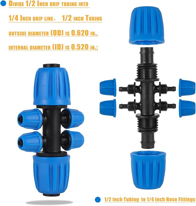 10 Pcs 1/2 to 1/4 inch Garden Hose Tubing Irrigation Fittings,6-Way Anti-Leak 1/2'' to 1/4'' Locked Barbed Drip Irrigation Tee Connectors (1/2"IDx0.6-0.63"OD) 1/2'' to 1/4'' Irrigation Tubing Fitting