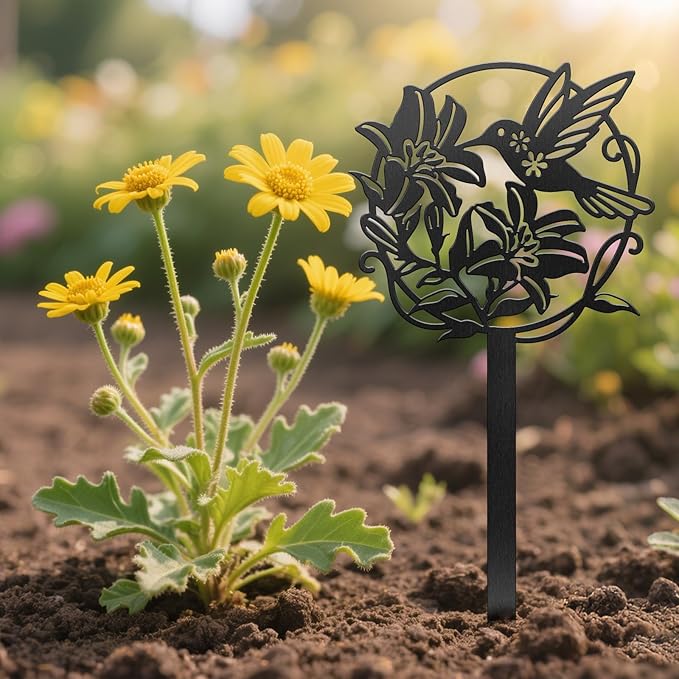 CUTHOLLOW Metal Plant Marker Stake Hummingbird and Flower for Outdoor Indoor, Waterproof 11.8 inch Cute Garden Plant Labels Sign Tag for Vegetables, Farmhouse Greenhouse Decor - Funny Gardening Gifts