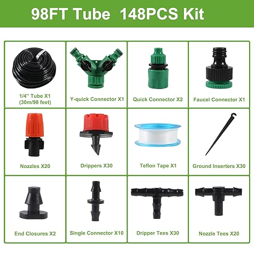 98FT Drip Irrigation System, Micro Garden Drip Irrigation System with 1/4 inch Tubing & Adjustable Misting Nozzle Sprinkler, Automatic Watering System for Greenhouse, Yard, Lawn, Plant